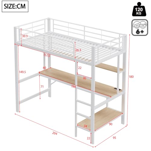 Cama alta 90x200 con escritorio y estantería de metal blanco con enchufe usb 3