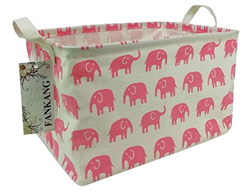 FANKANG Storage Basket,Nursery Hamper Canvas Laundry Basket Foldable with Waterproof PE Coating Storage, Office, Bedroom, Clothes,Toys (L, Rec-Pink Elephant)