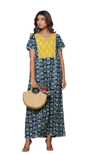 Image of NIHSAMAH Cotton Night Gown for Women - Angrakha Style Nighty, Comfortable Sleepwear /Nightwear /Maxi