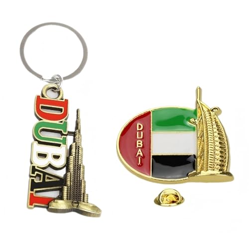 ZENRUIMING Lot de porte-clés Dubaï Monuments touristiques Vintage Creative Dubaï Émail Pin Rétro Logo Bâtiment Porte-clés Unique Dubaï Voyage Souvenir Set, Bronze, doré, 5,9 cm x 3 cm