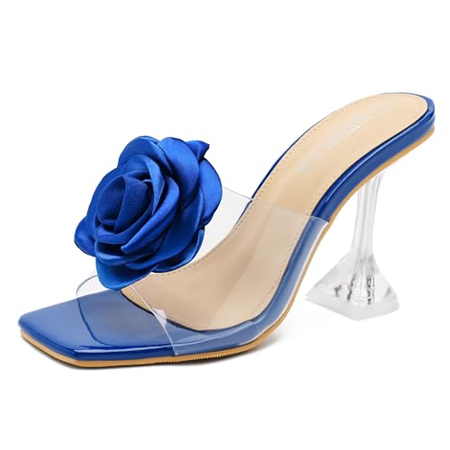 MAIERNISI JESSI Women Flowers High Heels Mules Sandals Square Toe Slip on Dress Bridal Wedding Sandals