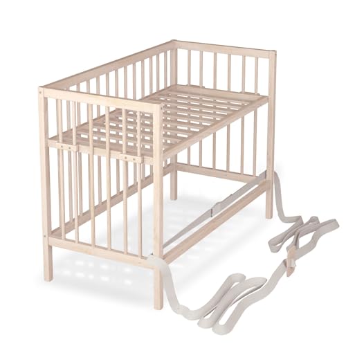 Sämann Baby Beistellbett 60x120 cm - nutzbar von 0 bis 4 Jahre - rollbar & umbaubar zum Babybett - Gurtsystem & höhenverstellbar für alle Betten - Natur