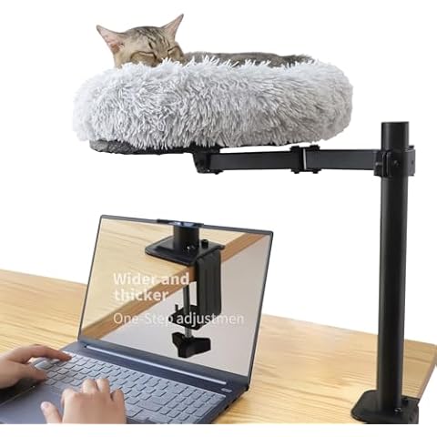 HengLiSam 18'' Cushion Desk Cat Bed Mount, Cat Table for Desk with Rotatable Metal Elevated Mount, Cozy Soft Plush Pet Cushion for Home Office Living Room Study Cover