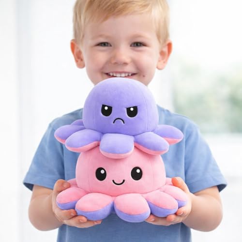 Image of Reversible Octopus Plush Toy 18 cm | Flip Mood Soft Toy | Double-Sided Happy & Angry Expression | Super Soft Stuffed Animal Plushie | Cute Kids Gift, Stress Relief Toy, Home Decor