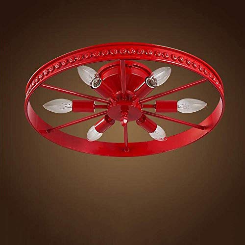 LANTING Retro Ring Deckenlampe 6 Flammig Eisen Runde Antik Esszimmerlampe E14 Fassung Rad Deckenleuchte Küche Lampe Industrial Schlafzimmer Wohnzimmer und Esszimmer Bar Café Ø46cm,Rot Cover