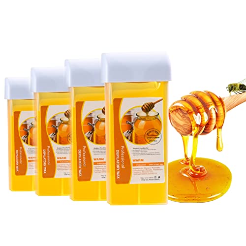Honey Roll On Wax, Hair Removal Roll on Wax Cartridge, Depilatory Wax Roller Refill Wax for Legs and Arms 3.53 Ounce (4 Pack)