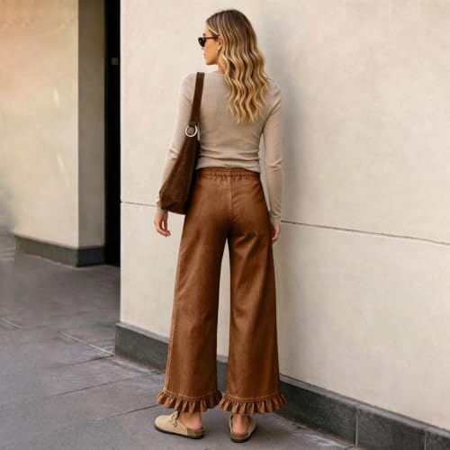 Corduroy Pants Women Elastic Waist Ruffle Hem Baggy Wide Leg Pants - image 3