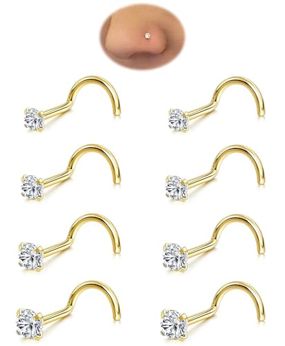 Nose Rings Studs Set for Women Men: Hypoallergenic 8Pcs 18G 20G 22G Gold/Silver 316L Surgical Stainless Steel Nose Studs Corkscrew Nose Piercing Jewelry Imitation Diamond Small CZ 1.5mm 2mm 2.5mm 3mm
