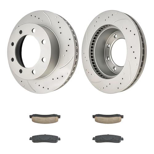 Image of KAX Front Brake Kit Fits Ford F-250 Super Duty 2005-2012 | Drilled and Slotted Brake Rotors, Ceramic Brake Pads for F-350 Super Duty 2005-2012, F-450 Super Duty 2010-2012