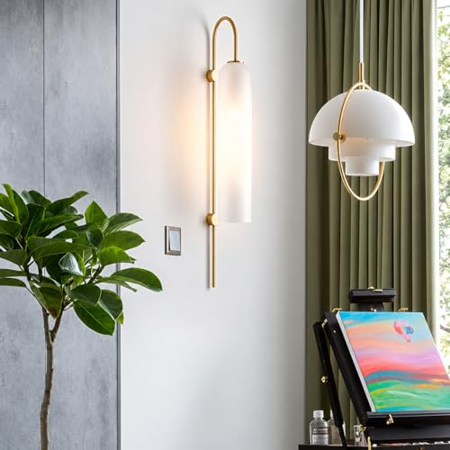 Image of Long Glass Wall Light with Modern Metal Design Gold Finish Light Fixture for Bedroom, Living Room, Home, Bar, Cafe, Hotel, Workspace with 30 cm Long Bulb (Frost White)