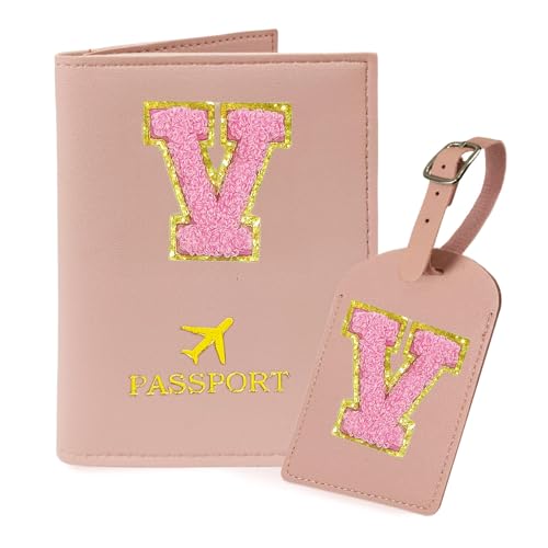COSHAYSOO Initial Passport Cover Luggage Tag Set Letter Passport Holder Airplane Cruise Travel Essentials Vacation Traveling Accessories Personalized Gifts for Women Teen College Girls Pink V