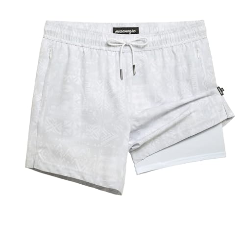 maamgic Mens Swim Trunks with Compression Liner 5 Inch, Quick Dry Bathing Suit with Zipper Pockets, Stretch No-Chafing Swim Shorts, Frost Marks Small