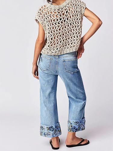 Flamingals High Waisted Straight Leg Cropped Jeans for Women Trendy Floral Embroidery Roll Raw Hem Casual Denim Ankle Pants3