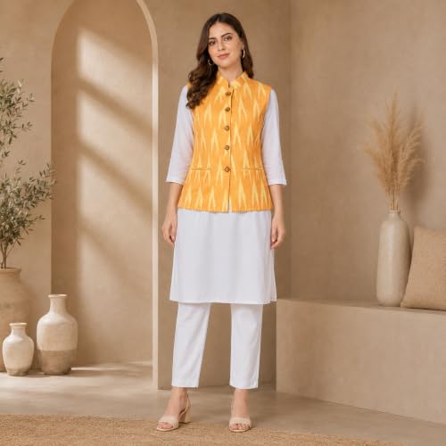 Image of Vastraa Fusion Women's Ikat Cotton Nehru Jacket Printed Waistcoat Sleeveless Mandarin Collar Button Front Ethnic Casual Wear