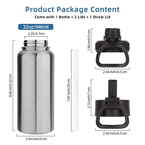 Image of Volhoply 32 oz Water Bottles Bulk 4 Pack with Straw Lid & Spout Lid,Insulated Sports Water Bottle,Double Wall Vacuum Stainless Steel Cups,Leakproof Wide Mouth Metal Flask for Travel(Silver,4)