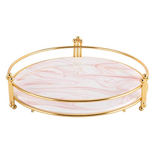 Small Round Decorative Tray with Gold Stand, 10.2â€™â€™ Ceramic Marble Pattern Vanity Tray, Pink Perfume Tray, Makeup Tray for Dresser, Coffee Table Decor Tray, Candle Holder Tray