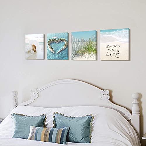 Bathroom Beach Coastal Wall Art - 4 Pieces Tropical Ocean Wave Seashell Nature Picture Contemporary Relaxing Seascape Canvas Print Blue Sea Scenery Artwork Modern Landscape Painting For Bedroom Living Room #TOP3
