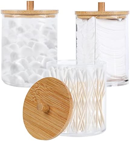 Gukasxi 3 Pack Acrylic Qtip Holder with Bamboo Lids Bathroom Canisters Jars Dispenser Cotton Swab Balls Pads Holder for Bathroom Storage Organizer