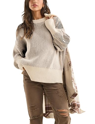 Image of Faleave Women's Fashion Sweater Fall Casual Long Sleeve Ribbed Knit Crew Neck Pullover Sweaters Blouse Tops