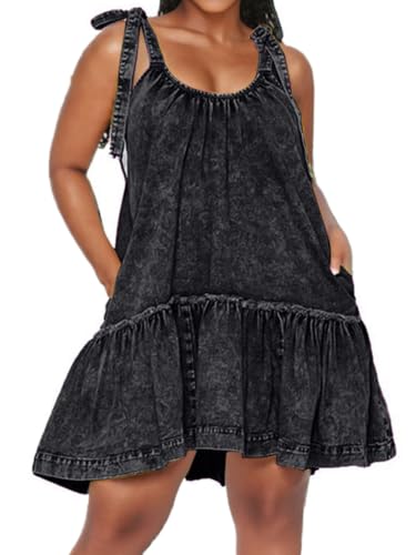 Image of Denim Dress for Women Tie Shoulder Sleeveless Denim Mini Dress Casual Flowy Babydoll Dress Wash Jean Dress