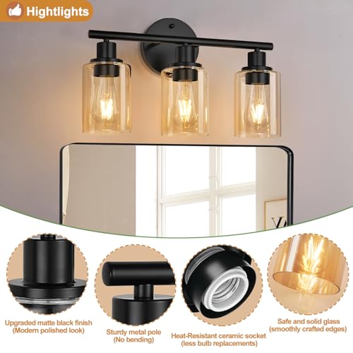 Image of Zarbitta 3-Light Bathroom Light Fixtures, Black Modern Vanity Lights with Amber Glass Shades, Bathroom Wall Lamp for Mirror Kitchen Living Room Hallway Cabinet Porch