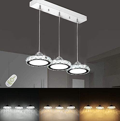 LED Kristall Pendelleuchte Dimmbar Esstisch Lampe 3-Flammig mit Fernbedienung Höhenverstellbar Kronleuchter Ring Hängelampe Küche Hotel Hall Schlafzimmer Hängeleuchte Innen Deko Leuchte 36W Silber Cover