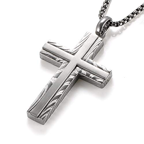 JECE Damascus Steel Cross Pendant with Silvertone Ion Plating on 24" Round Stainless Steel Chain Cross Pendant Necklace