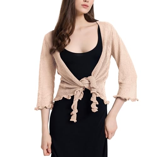 Women's 3/4 Sleeve Tie Open Front Sheer Mesh Lightweight Shrug Cardigan Knit for Dresses