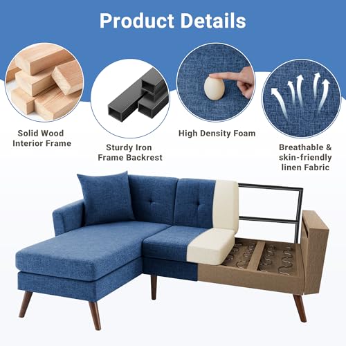 Tbfit L Shaped Couch Sofa, 80" W Mid-Century Modern Sectional Couches, 3 Seater Sofas with Wide Chaise Lounge & Two Pillows,Button Tufted Upholstered Sectional Sofa for Living Room, Bedroom, Blue