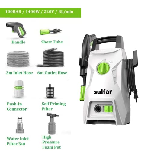 Image of Sulfar Lutian Car Washer High Pressure Pump - 1200W|Pressure-100 Bar, Max Flow-390 l /h, Working Radius +9m, Spray Jet Gun w Ext. Rod, Hose Pipe; Portable; for Cleaning /Washing Car, Bike, Home, Vehicle