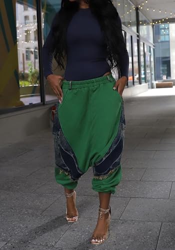 LKOUS Women's Harem Denim Pants Elastic High Waist Cargo Hippie Jeans Baggy Casual Trousers with Pockets2