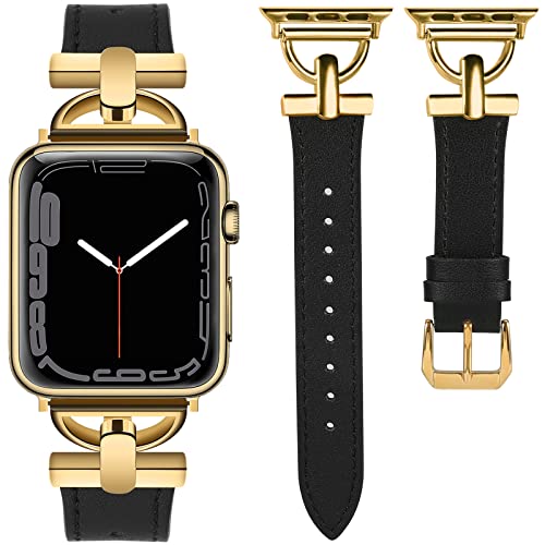 Wearlizer Leather Band Compatible with Apple Watch Bands Women 41mm 40mm 38mm 49mm 46mm 45mm 44mm 42mm, Fancy Dressy Strap for iWatch Series 10 9 8 Ultra SE 7 6 5 4 3 2 1,Black/Gold