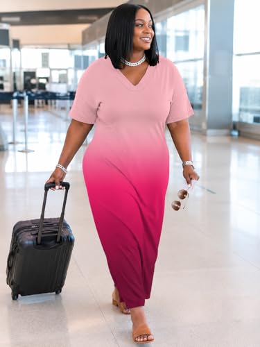Image of SUZONANA Women Casual T-Shirt Dress V Neck Short Sleeve Solid Color Oversize Dress with Front Two Pockets