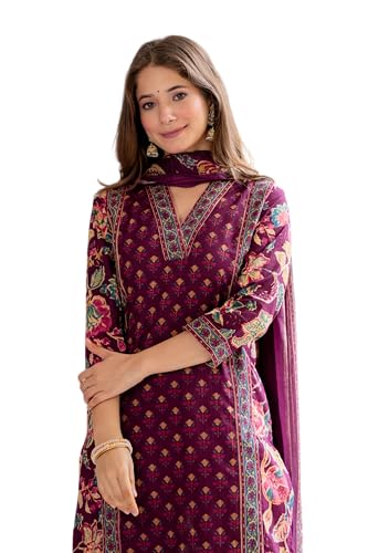 Image of MEERA FAB Women's Cotton Blend Straight Printed Kurta with Palazzo & Dupatta
