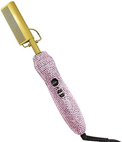 Diamond handle Electric Hot Comb Hair Straightening Heat Pressing Comb Multifunctional Copper Hair Straightener Brush- Straightening Comb (Pink)