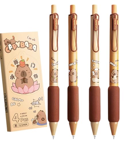 SHIDESHIN Kawaii Capybara Gel Ink Pens 0.5mm Black Ink Fine Point Writing Pens Office School Supplies for Girls Boys Teens, 4 Pcs Set (Calm Copybara)