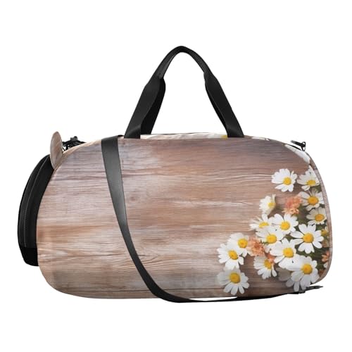 YETTASBIN Sport Travel Duffel Bag for Girls Boys, Daisy Flower Wood Large Waterproof Weekender Overnight Bag, Detachable Shoulder Strap Gym Bag with Shoe Compartment & Wet Pocket2