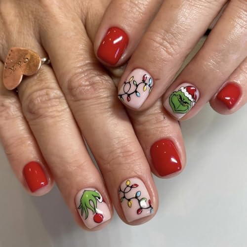 24Pcs Christmas Fake Nails Short Square Grinchs Press on Nails Winter Xmas Acrylic Nails Full Cover False Nails with Green Monster Vine Colored Lantern Designs Cute Red Gloss Stick on Nails for Women