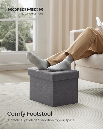SONGMICS Small Folding Storage Ottoman, Foot Rest Stool, Cube Footrest, 12.2 x 16.1 x 12.2 Inches, 286 lb Load Capacity, for Living Room, Bedroom, Home Office, Dorm, Dark Gray ULSF102G01