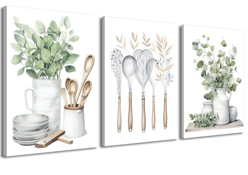 YFvrPt Sage Green Kitchen Wall Art Set of 3, Eucalyptus Leaves Plant Dining Room Painting Wall Decor, Boho Botanical Canvas Poster Print Farmhouse Pictures for Home Decoration Framed 12'x16'