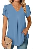 Anyally Womens Summer Dressy Chiffon Blouses V Neck Petal Short Sleeve Tunic Tops for Leggings Casua