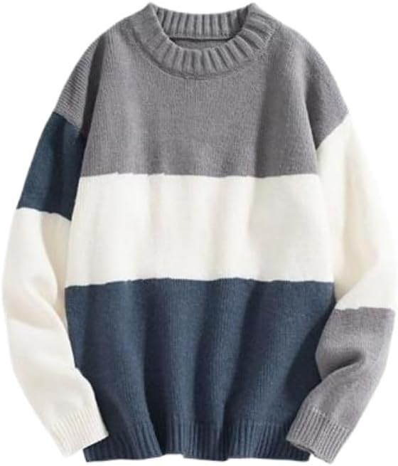 Men's Winter Color Blocking Knitted Round Neck Sweater Casual Oversized Loose Sweaters Gray