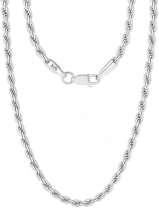 Italian 925 Sterling Silver Rope Chain Necklace for Men & Women Radiant Diamond Cut with Lobster Claw Clasp 925 Silver Jewelry Gifts (2.0mm, 2.5mm, 3mm)