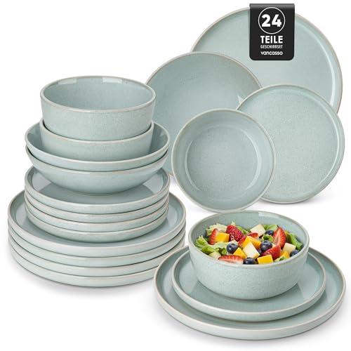 Steingut Geschirrset 6 Personen, vancasso ANYA Mintgrün Teller Set...