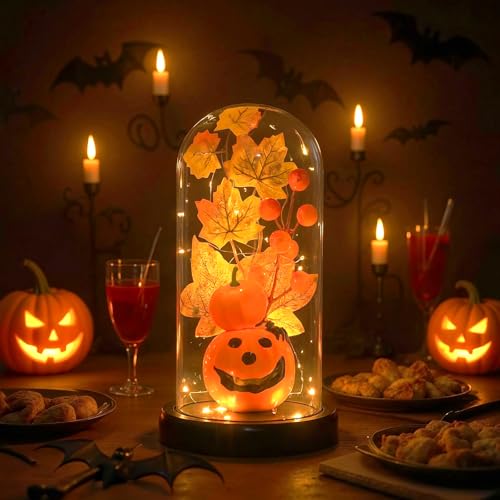 Halloween Decor -Jack-o'-Lantern- Decorations Indoor - Adorably Spooky Light-Up Pumpkin in Glass Cloche, Glowing Smiling Face Night Light for Home, Mantel & Party Halloween Displays