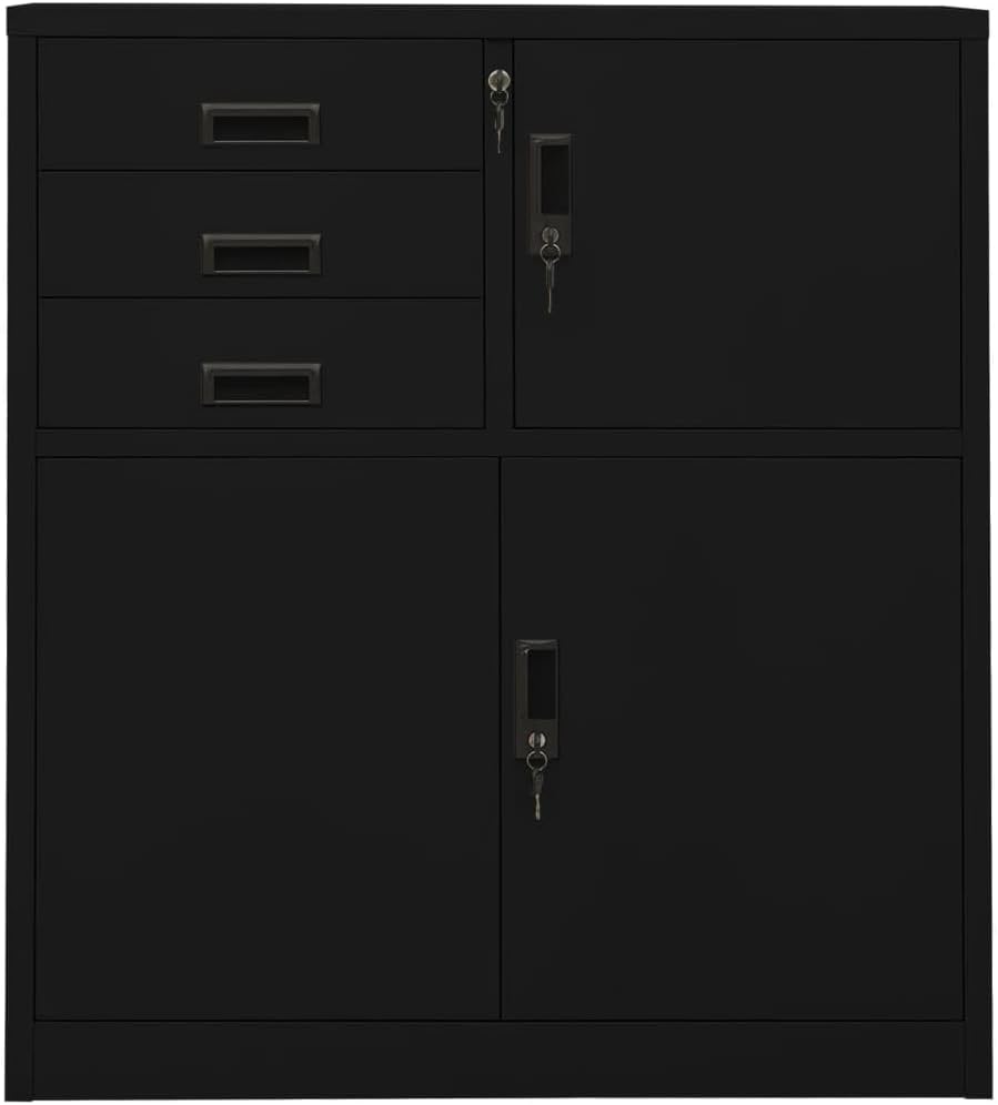 Metal Locker,Black Metal Office Storage Cabinet 90x40x102 cm, Adjustable Shelves, 3 Ball Bearing Drawers, Durable Steel Construction, Ideal for File Organization & Workspace Efficiency