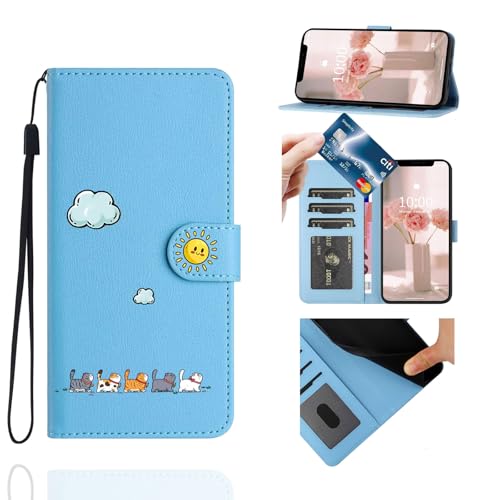 Étui portefeuille chat bleu en cuir synthétique avec porte-carte et béquille pour smartphone