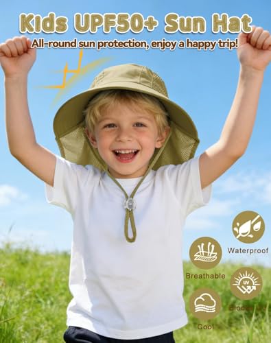 Image of Rosoz Kids Sun Hat with Neck Flap UV Protection Summer Toddler Beach Hat Unisex Ponytail Hat Wide Brim Fishing Hat