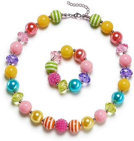 vcmartRose Girls Cute Chunky Bubblegum Necklace and Bracelet Set Girls' Birthdays Day Gift Rainbow Amulet Teardrop Amethyst Pendants Necklace Bracelet, resin, no gemstone