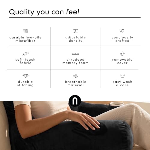 Image of Nestl Reading Pillow with Shredded Memory Foam Includes 2 Neck and Lumber Support Pillows, Designed for Sitting Up in Bed and Couch, Back and Arms Adjustable Support for Adult & Teens, Black